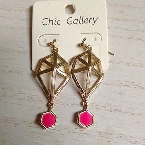 😻 3 For $15 Hot Pink Gem Gold Geometric Dangles
